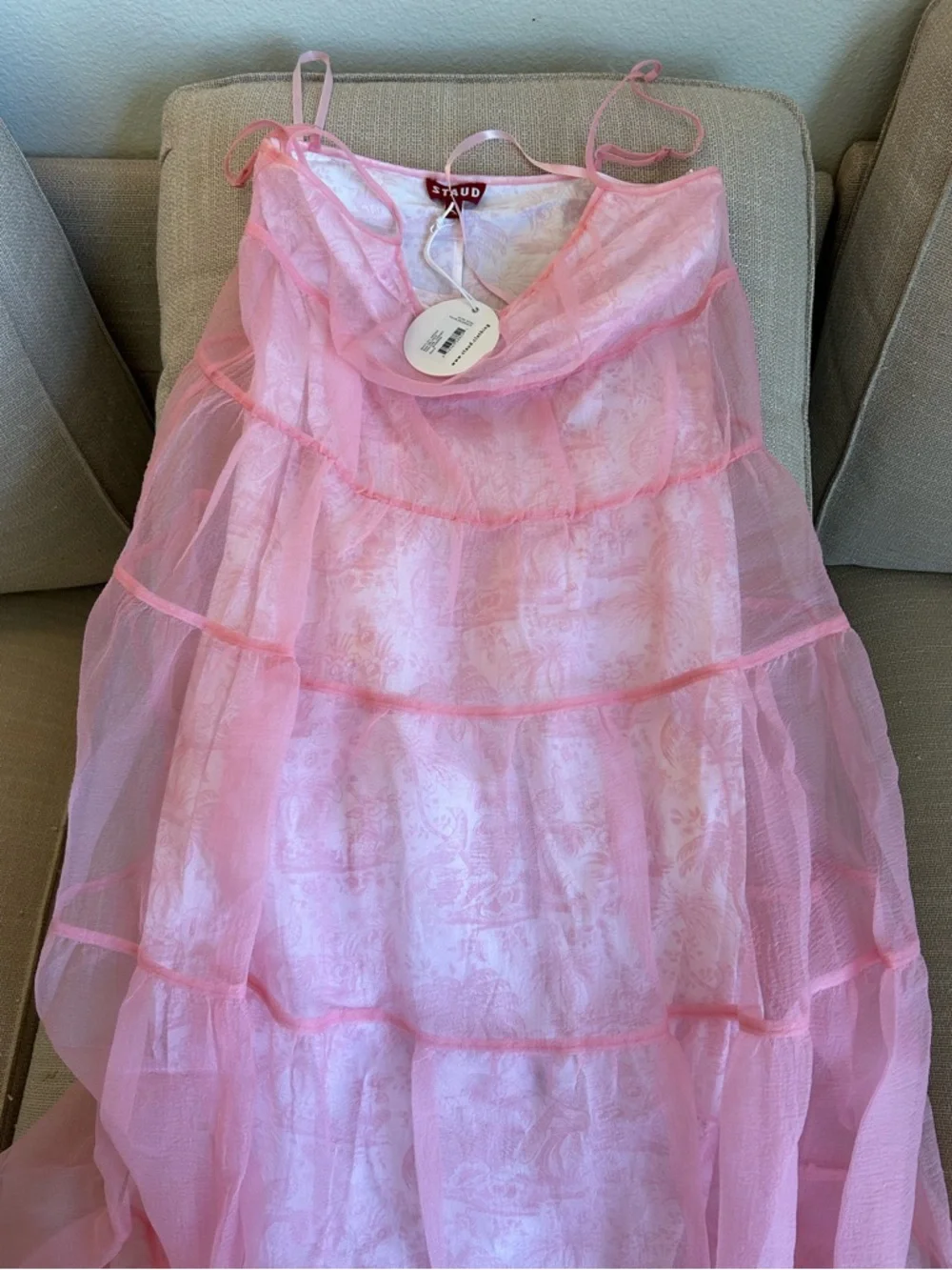 STAUD Pink Strapless Tiered Tulle Maxi Dress - Picture 6 of 13